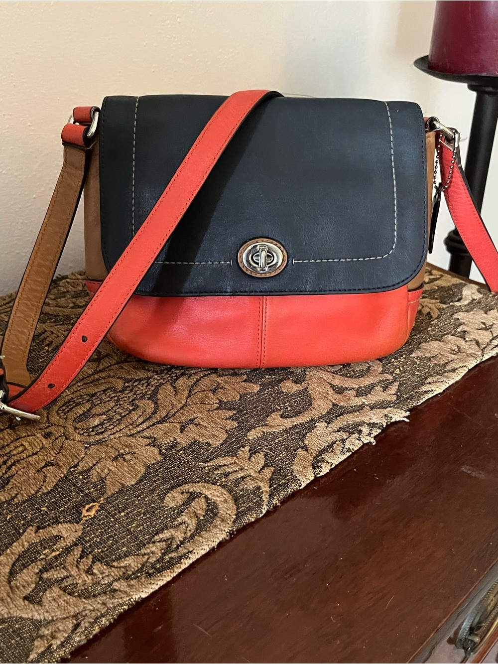 Vintage  Coach Colorblock Navy and Coral Crossbody with Tan Sides